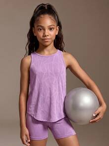 SHEIN Tween Girls Clothing Chiba Knit Jacquard Purple & Pink Top + Shorts Matching Sets, Round Neck Loose Comfortable Sporty Casual Elegant Urban Student College Girls 2-Piece Set, Moisture Wicking Absorbs Sweat - Mauve Purple - View 2