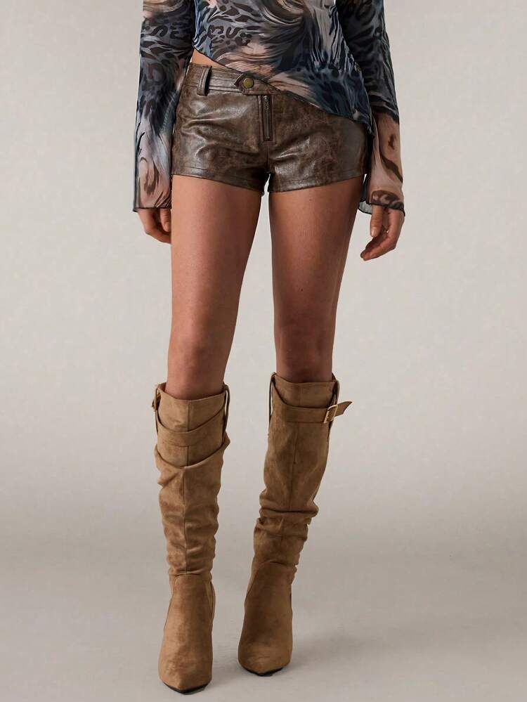 SHEIN BAE Women's Zipper Belt High Street 3D Pocket Design Fashion Shorts, Black Washed Distressed PU Shorts. Sexy Style, Suitable For Various Occasions, Such As Outings, Parties And Back To School. Music Festival, Rave Party, Ibiza, Bohemian, Western Shorts - Brown - View 5