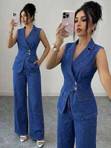 Elenzga Women's Single-Breasted Vest And Pants Casual Denim Set - Blue - View 1