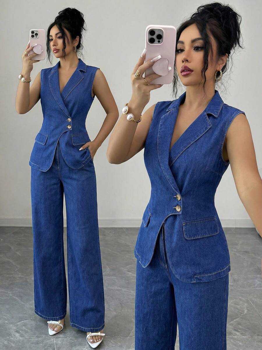 Elenzga Women's Single-Breasted Vest And Pants Casual Denim Set - Blue - View 1