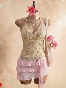 Glamine Women's Apricot Sequin Embroidered Spaghetti Strap Backless Tank Top, Fashionable Sexy Vacation Top, Sequin Embroidered Top - Apricot - View 4