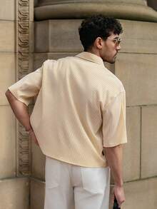 YOUESAWY YOUESAWY Men's Casual Striped Print Loose Fit Short Sleeve Shirt, Suitable For Spring/Summer Yellow Button Up Men Yellow Button Up Shirt Men Men Shirts Streetwear Yellow Striped Shirt Men - Light Yellow - View 2