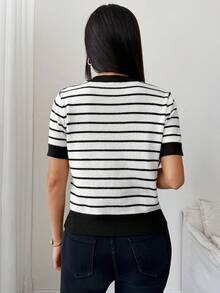 SHEIN 女款優雅拼色條紋短袖針織上衣，春夏秋休閒通勤上衣 - 彩色 - 查看 3