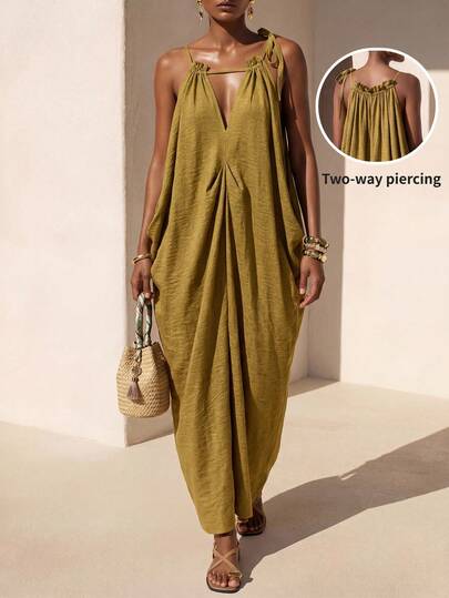 Zivah Neues lockeres langes Sommerkleid aus Leinen in Senfgelb, lässig, für Urlaub und Pendeln, mit V-Ausschnitt, rückenfrei, Kokon-Schnitt, umkehrbar tragbar. Geeignet für Alltag, Urlaub, Musikfestival, Reisen, Boho-Stil, Shopping, Party, Western-Stil, Nomadischer Stil, Flughafen-Outfit, Brunch-Outfit, Date, Lässig zu Hause, Strand.