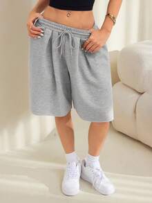 SHEIN PETITE 女款春夏街頭風度假日常穿著返校休閒運動基礎款寬鬆低腰百慕達跨襠褲 - 灰色 - 查看 5