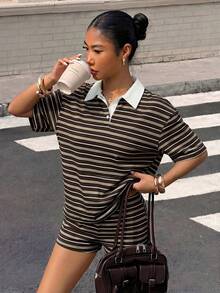 Muchica 女款棕色條紋針織套裝，夏季復古穿搭 OOTD 穿搭 女款美學穿搭 女款休閒穿搭 Ytk 服飾 商務休閒穿搭 女款度假穿搭 早午餐穿搭 - 彩色 - 查看 3