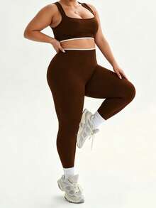 Easithlete Women's Plus Size Ultra Short Tank Top & Leggings Sports Set - Coffee Brown - View 4