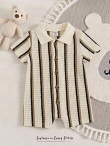 Cozy Pixies Mameluco de manga corta con botones y textura de gofre con patrón de rayas para bebé niño - Albaricoque - Ver 1