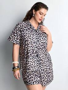 Slumbrini 2pcs Women Pajama Set, Leopard Print, Ladies Homewear, Spring/Summer Holiday Outfit, Short Sleeve Lapel Top And Shorts Can Be Worn Outerwear - Brown - View 6