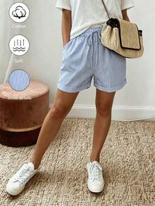 SHEIN Holidaya Summer Women's New Linen Casual Hawaiian Drawstring Rolled Hem Shorts, Striped Fabric, Elastic Waist, Beach Blue And White Striped - Blue and White - View 2