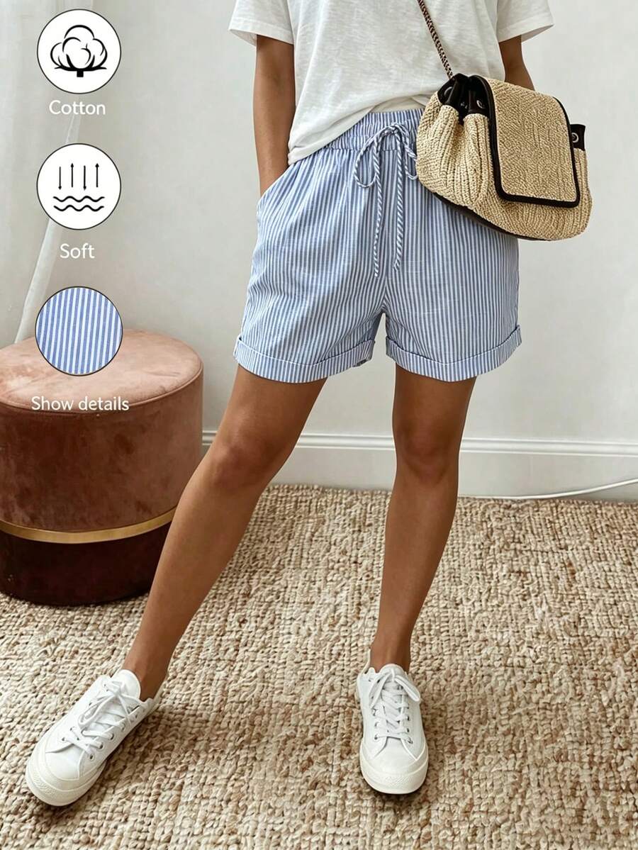 SHEIN Holidaya Summer Women's New Linen Casual Hawaiian Drawstring Rolled Hem Shorts, Striped Fabric, Elastic Waist, Beach Blue And White Striped