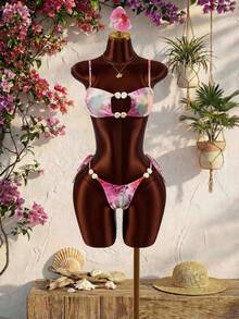 Amplova Women's Swimwear Set With Beaded Leopard Pink Details, Sexy Tropical Avant-Garde, Suitable For Vacation Beach Party Summer - Hot Pink - View 7
