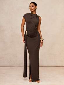 Lumalex Dark Brown Asymmetric One Shoulder Maxi Dress With Hardware Ruched Hip Draped Skirt And Front Slit Luxury Elegant For Party Bar Party Dinner Summer - Brown - View 9