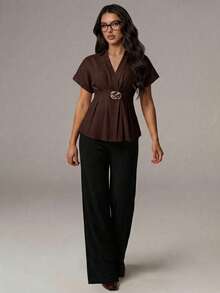 Avenya Metal Decor Elegant Blouse, Ruffle Design Slim Fit For Women - Brown - View 7