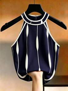 SHEIN Franclia 女款春夏新款白色掛脖圓領對比飾邊無袖背心，優雅浪漫休閒百搭時尚街頭風，通勤日常居家約會穿搭 - 藏蓝色 - 查看 1