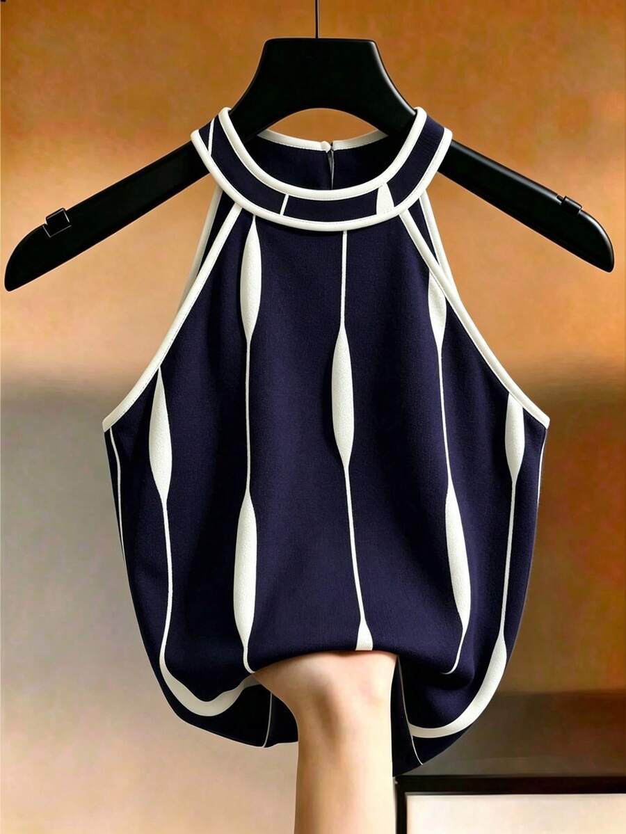 SHEIN Franclia 女款春夏新款白色掛脖圓領對比飾邊無袖背心,優雅浪漫休閒百搭時尚街頭風,通勤日常居家約會穿搭 - 藏蓝色 - 查看 1