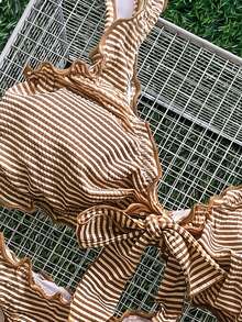 Swim Mod 極簡性感風粉色荷葉邊綁帶兩件式比基尼泳衣，甜美荷葉邊女款溫泉度假比基尼 - 咖啡棕 - 查看 3