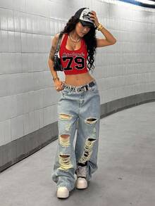 StreetHx English Striped Print Street Style Halter Tank Top - Orange - View 4