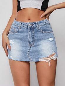 SHEIN EZwear 夏季破洞下摆牛仔迷你裙 - 中等水洗藍 - 查看 3