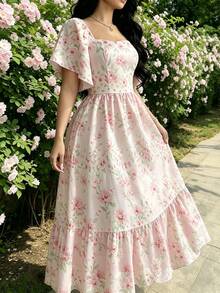 Modelyn 女款碎花白色與粉色雪紡洋裝 時尚方領泡泡袖/短袖 荷葉邊下擺設計 夏季婚禮度假浪漫風 - 彩色 - 查看 6