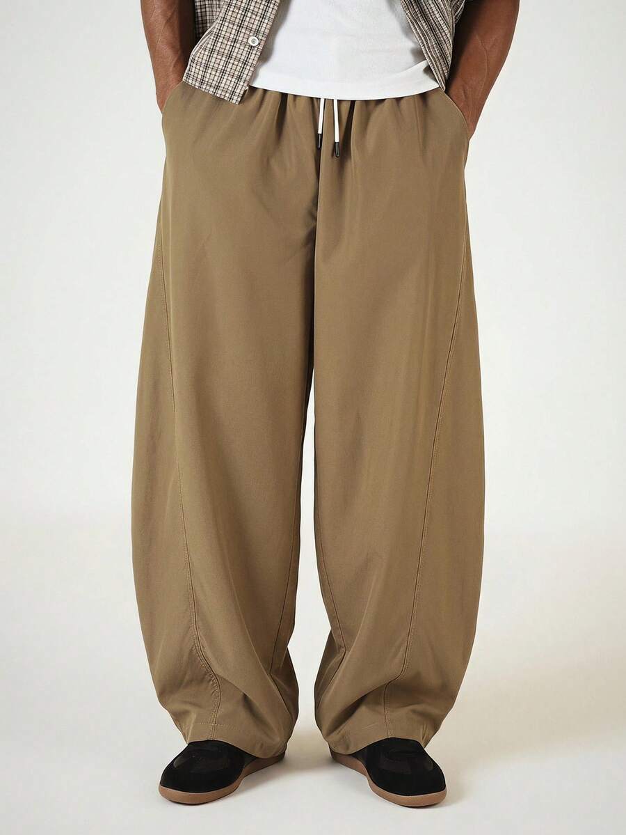 SUMWON Wide Leg Drawstring Casual Pants With Elastic Waist Full Length Relaxed Fit Trousers For Everyday Wear - Khaki - View 1