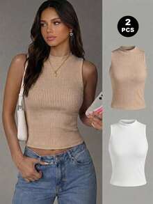 Paquete de camisetas de tirantes de algodón con tejido de canalé para mujer, cuello redondo, ajuste ceñido, estilo básico casual. - Blanco - Ver 1