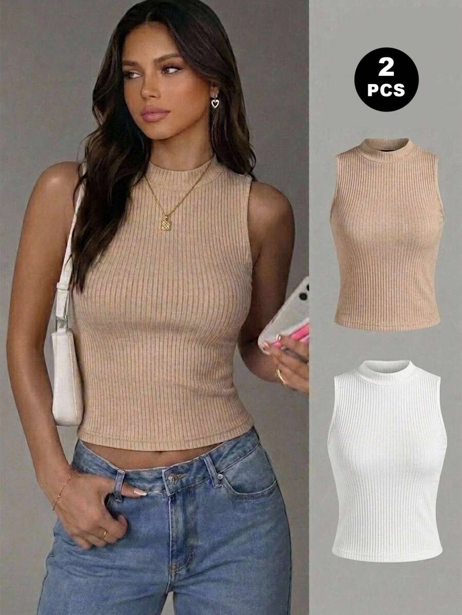 Paquete de camisetas de tirantes de algodón con tejido de canalé para mujer, cuello redondo, ajuste ceñido, estilo básico casual. - Blanco - Ver 1