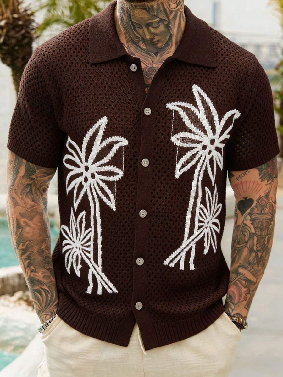 VENTUSAIL Men's Palm Tree Pattern Short Sleeve Single-Breasted Knit Cardigan - Coffee Brown - View 1