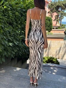 Aloruh 女款優雅度假風斑馬紋細肩帶長洋裝，極簡時尚，夏季度假洋裝，海灘度假穿搭，音樂節穿搭 - 黑與白 - 查看 5