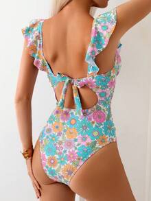 Swim Vcay 女款夏季度假海灘碎花荷葉邊繫帶連身泳衣套裝 - 彩色 - 查看 2