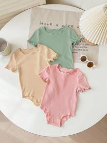 SHEIN 3件套新生女宝宝可爱纯色针织短袖连体衣套装，夏季 - 彩色 - 查看 1