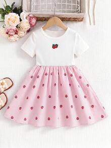 SHEIN 女童拼接碎花圓領短袖休閒洋裝 - 白色 - 查看 3