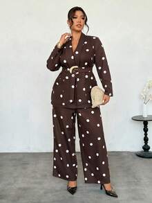 Firerie Plus Size Fashion Commuter Polka Dot Print Jacket & Pants Suit Set Fall/Winter Elegant Office Business Work Suit Sets Women Elegant Polka Dot Suit Set - Coffee Brown - View 5