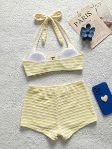 Women's Textured Pink Metal Buckle Colorblock Halter Tie Bikini Top And Shorts Swimwear 2 Pieces Set 4pcs Beach Swim Summer Cute - Pink - View 2
