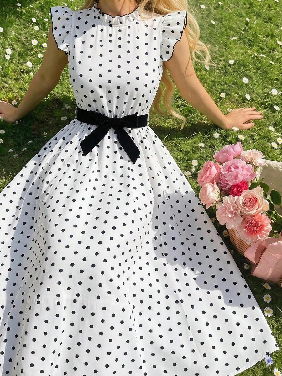 SHEIN Girls' Print Patterned Flutter Sleeve Waist-Defining Dress - White - View 1