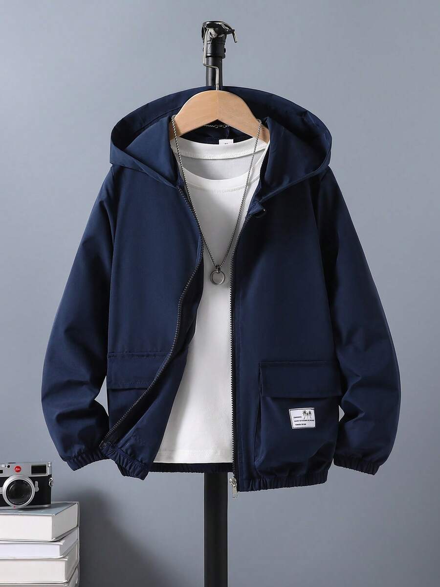 SHEIN 青少年男孩春秋休閒百搭連帽外套 - 藏蓝色 - 查看 1