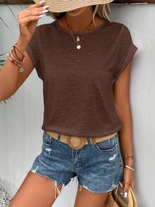 SHEIN Frenchy Women's Solid Color Round Neck Casual Versatile Daily Wear T-Shirt Everyday Coffee Brown Summer - Coffee Brown - View 5