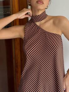 Firerie Brown Striped Neckless Sleeveless Top And Long Pants Set Light Weight One Shoulder Pallazo Pants Festival Outfits Bussines Casual Summer Going Out - Brown - View 4