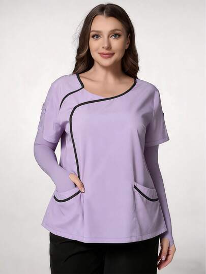 TaskEZ Light Purple Plus Size Women's Fashion V-Neck Short Sleeve Contrast Patchwork Trim Nurse Scrub Uniform Top, Double Pocket Design, Summer Work Scrub Uniform
