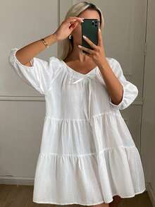DAZY Camisón de mujer de unicolor holgado con lazo delantero, pijama de verano - Blanco - Ver 6