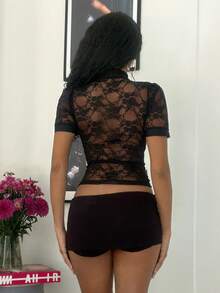 Jeanoix 女款性感深V領彈性網紗修身襯衫 - 黑色 - 查看 2