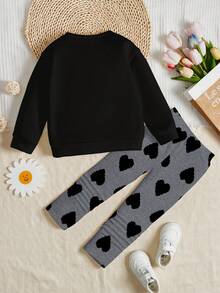 SHEIN Bộ 2 quần áo nỉ dài tay cổ tròn thường ngày cho bé gái, họa tiết trái tim pixel cổ điển, thích hợp cho mùa thu/đông - Nhiều màu - Xem 6