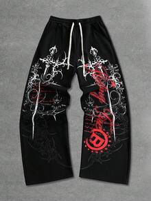 ROMWE MEN Men's Plus Size Letter Print Drawstring Waist Wide Leg Sweatpants - Black - View 1