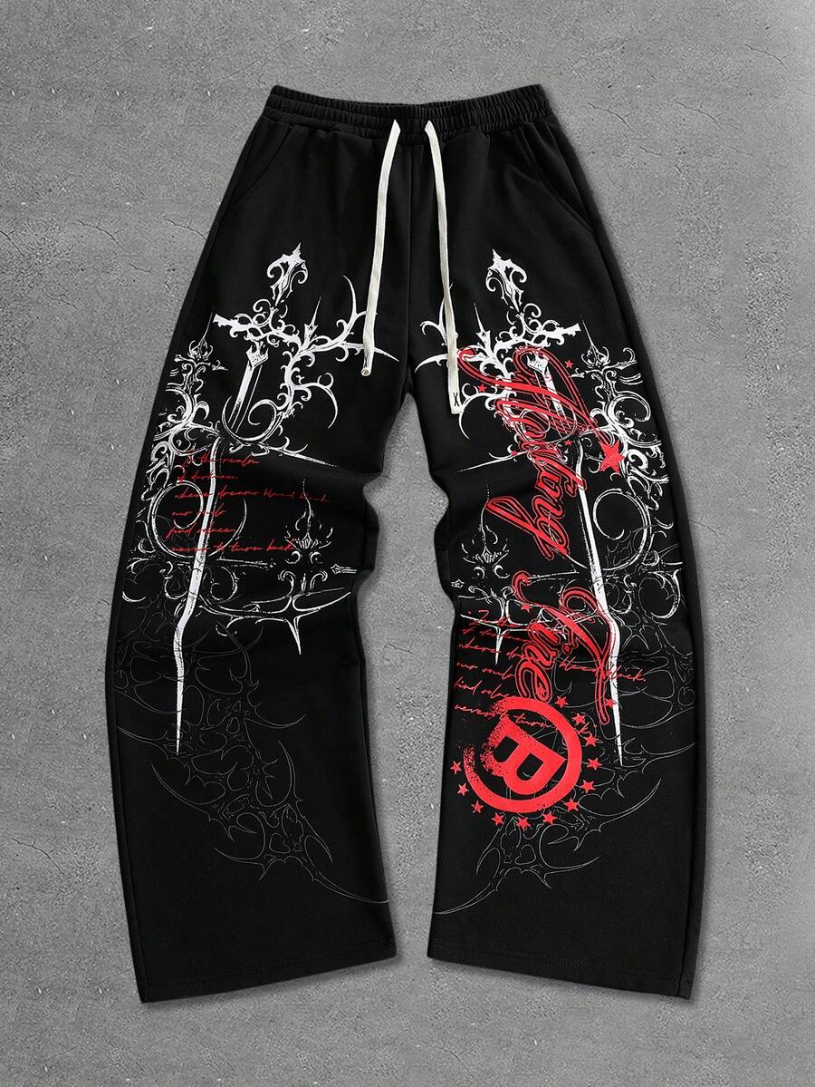 ROMWE MEN Men's Plus Size Letter Print Drawstring Waist Wide Leg Sweatpants - Black - View 1