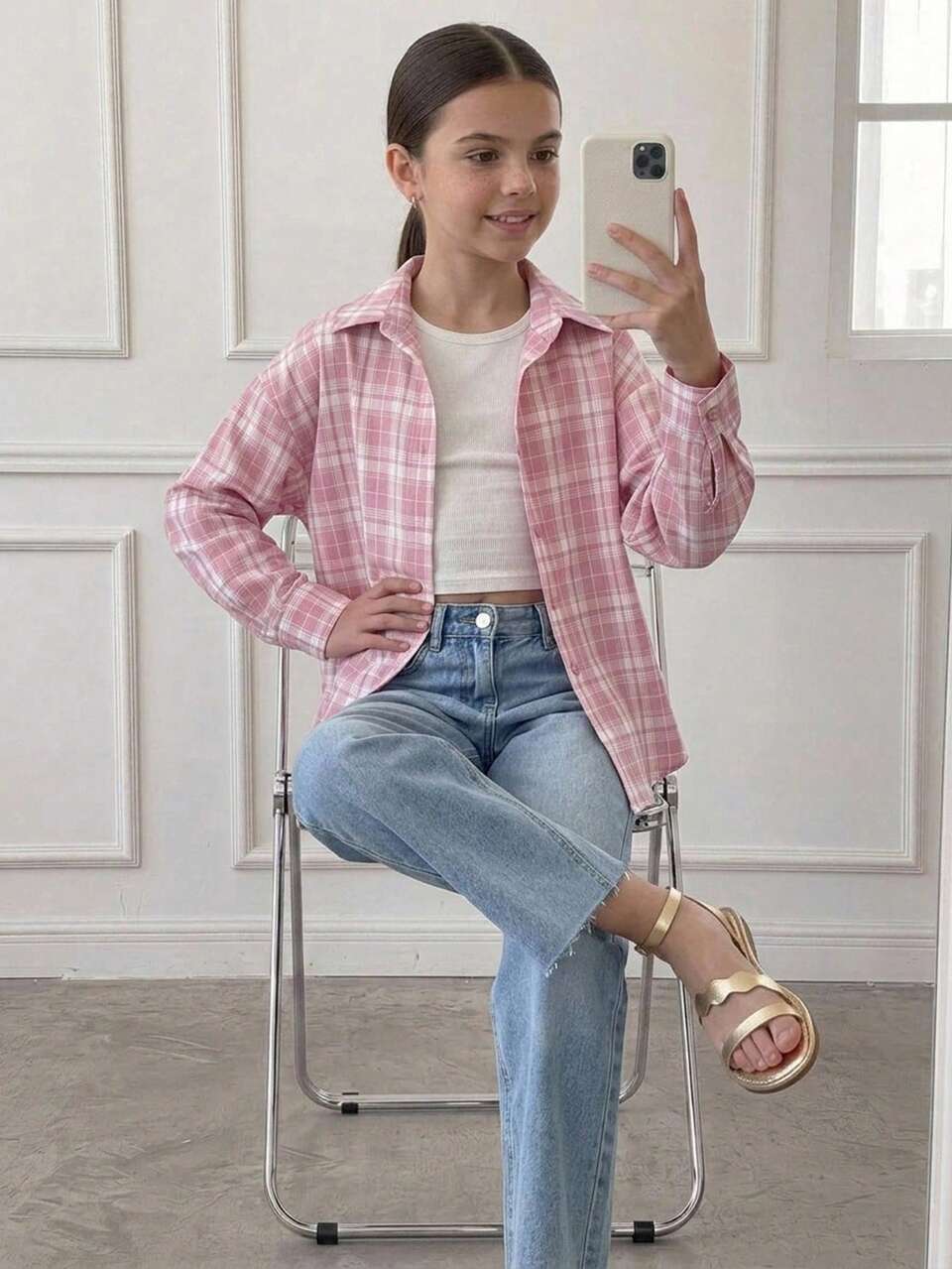 Plaid Long Sleeve Casual Loose Daily Spring/Autumn Tween Girls Shirt