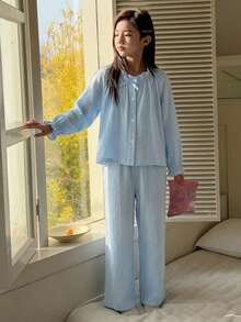 DAZY Ropa de otoño para niñas preadolescentes Conjunto de ropa de estar en casa con estampado de corazones en todo el Body y ribete de contraste - Azul - Ver 6
