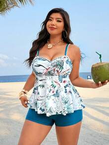 Swim Lushoire Conjunto de tankini de traje de baño con estampado tropical de talla grande - Multicolor - Ver 3