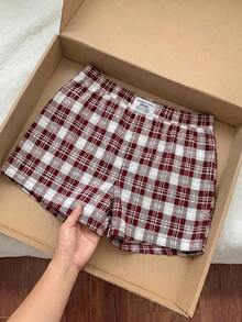 Comfortcana 大尺碼女款格紋休閒軟身 90 年代風 百搭日常居家約會短褲 辦公室穿搭 酒紅色 夏季 - 棕色 - 查看 9