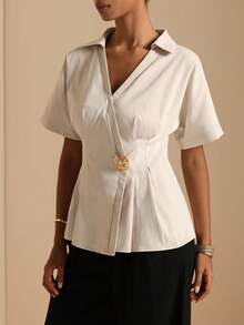 Elafinee Women's Spring/Summer Short Sleeve Blouse With Lapel V-Neck, Wrap Waist, Metal Buckle And Ruffle Hem - Khaki - View 5