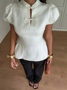 Siren Gaze Women's Jacquard Frog Button Design Short Puff Sleeve Elegant French Blouse Wedding Dinner Date Date Night Party White Summer - Apricot - View 5